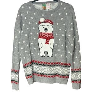 Polar bear ski Christmas sweater holiday warm cozy gray Pom detail women’s L